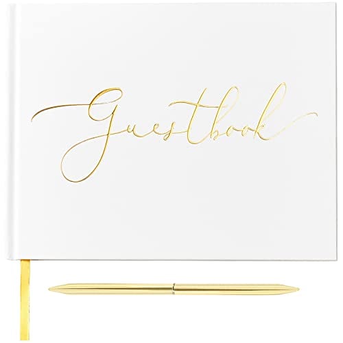 TRULIVA Wedding Guest Book with Pen, Sign in Guest Book for Wedding Reception, 9"x7", Hardcover, Gold Foil Guestbook (Lined, Guestbook and Ballpoint Pen)