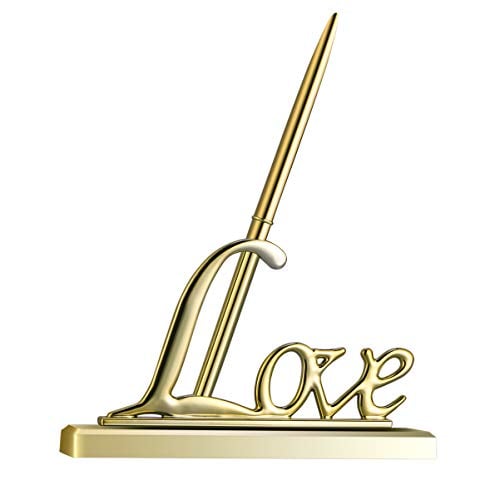 NUOBESTY Signing Pen with Plated Metal Love Holder for Wedding Engagement Party Guestbook Table Decor Golden