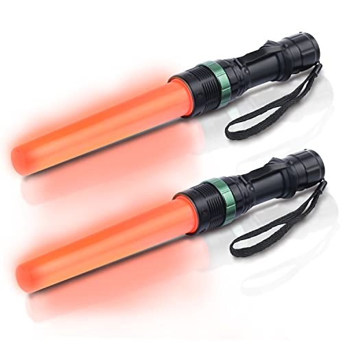 2 Pieces 11 Inch Safety Traffic Control Wand LED Flashlight with Cones, Red LED Parking Wand with Wrist Strap and Side Clip for Traffic Directing, Using 3 AAA Batteries (Not Included)