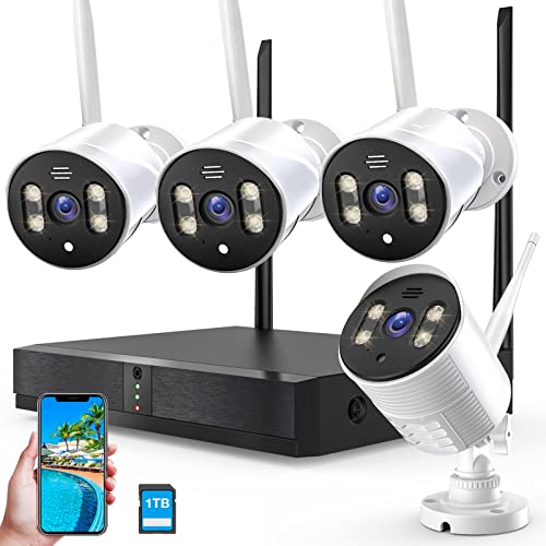 Security Camera NVR System 4Pcs 1080P Spotlight Color Night Vision WiFi Waterproof Security Surveillance Cameras with Pre-Installed 1TB Hard Drive and Two-Way Audio,4 Channel NVR DC Power (Silver)