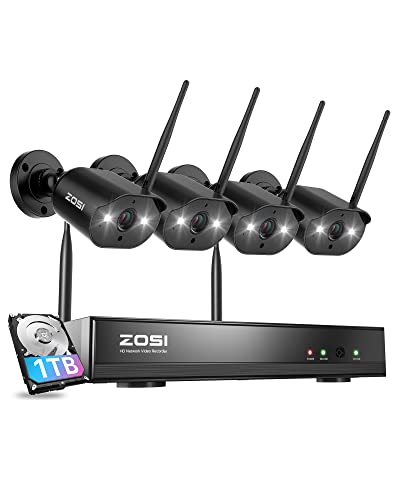 ZOSI 8CH 2K Wireless Security Camera System Outdoor Indoor, 4 X 3MP WiFi IP Camera with Color Night Vision, Spotlight, 2-Way Talk, Light & Siren Alarm, 1TB HDD for 24/7 Recording