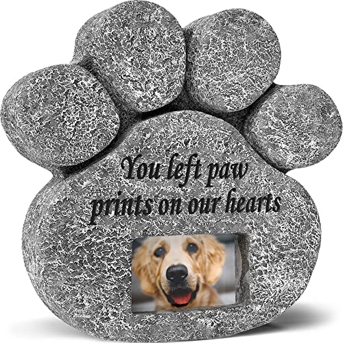 You Left Paw Prints On Our Hearts' Paw Print Pet Memorial Stone, Grave Marker with Customizable Photo Frame Slot, Loss Of Pet Gift, Personalized Dog Memorial Headstone, 8.25 x 8 x 1.5