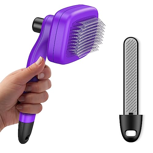 Self-Cleaning Slicker Brush for Shedding Dogs & Cats - Grooming Tool for Short & Long Haired Pets with Hair Remover Tool in Handle. Retractable Wire Bristle Removes Loose Fur, Undercoat, & Tangles