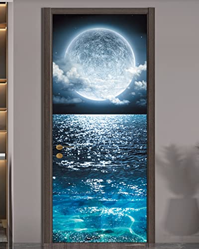 Door Sticker - FLFK 3D Door Mural Peel and Stick, Removable Self-Adhesive Ocean Moon Wallpaper for Home Decor, 30.3 "W x 78.7 "L, Set of 2 Sheets