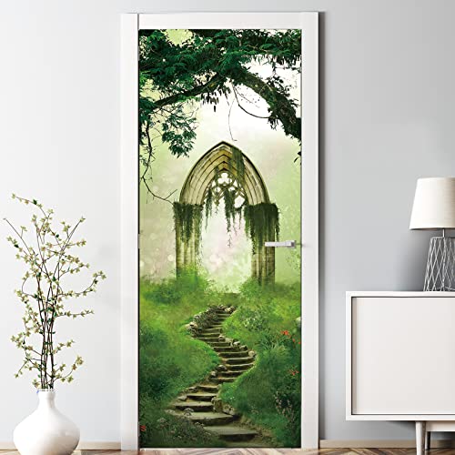 A Full Sheet of Door Murals, 3D Self-Adhesive Removable Door Mural Wallpaper Stickers for Home Decoration, 30.3"x78.7" Wallpaper (Forest Arches)