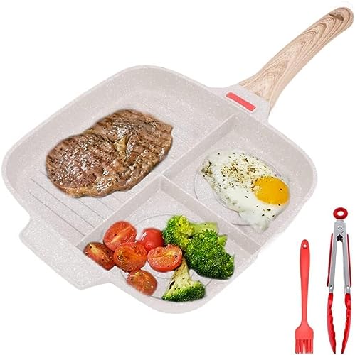 Sectional Skillet,3 Section Egg Frying Pan Grill Pans For Stove Tops Nonstick Divided Breakfast Pan Egg Pan Sectional Skillet, The Master Pan with Silicone Brush & Clip,10.5 inch