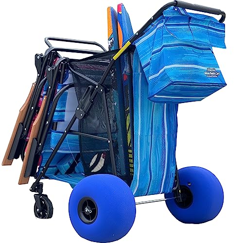 Beach Cart Balloon Wheel Deluxe Heavy Duty Folding Ocean Utility 13 x 7 Sand Wheels Holds 4 Folding Chairs Umbrella Holder Removable Beach Bag Blue Striped Pattern