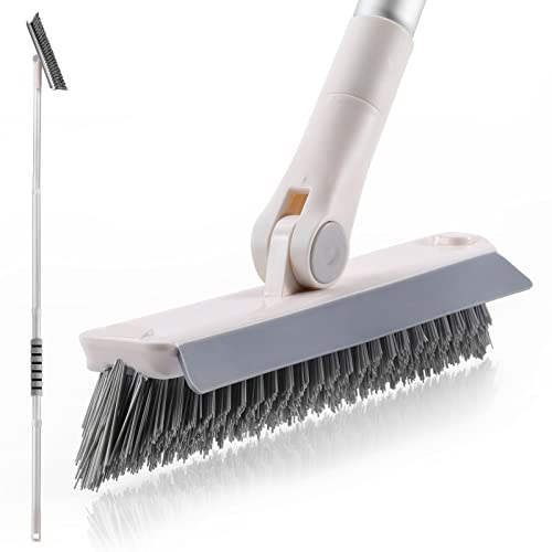 Grout Brush with Long Handle, 2 in 1 Floor Scrub Brush with Squeegee, Shower Scrubber Cleaner Swivel Stiff Bristle for Cleaning Baseboards Tile Floors Bathroom Wall