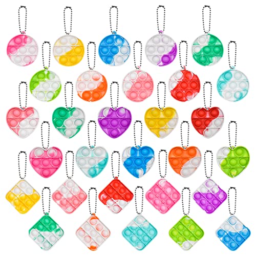 30 PCS Mini Pop Bubble Fidget Sensory Toy,Silicone Rainbow Stress Reliever Hand Toy,Squeeze Key-Chain Toy for Adults and Kids ,Pressure Relieving and Anti-Anxiety Office Desk Toy(3 Shapes)