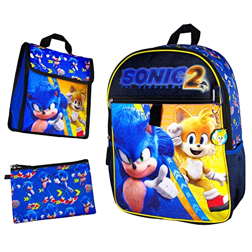 Sonic the Hedgehog 2 Movie Sonic Tails 16" Backpack w/Lunch Tote 5 Piece Set