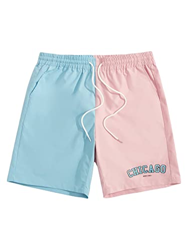 OYOANGLE Men's Colorblock Drawstring Elastic Waist Workout Gym Sport Athletic Shorts Blue and Pink S