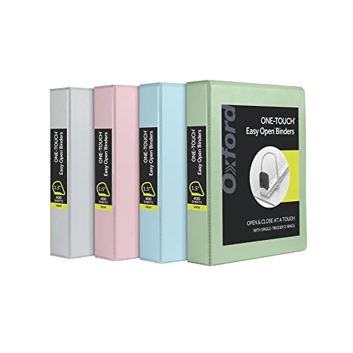 Oxford 3 Ring Binders, 1.5 Inch ONE-Touch Easy Open D Rings, 3-Sided View Binder Covers, Xtralife Hinge, Non-Stick, PVC-Free, Natural Pastels, 375-Sheet Capacity, 4 Pack (79918)