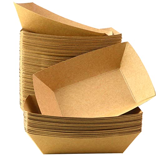 Oomcu 100 Pack 2 lb Heavy Duty Disposable Kraft Brown Paper Food Trays,Recyclable Eco-Friendly Take Out Food Serving Boats Baskets Trays for Party Snacks French Fries Nachos Hot Dogs Tacos BBQ