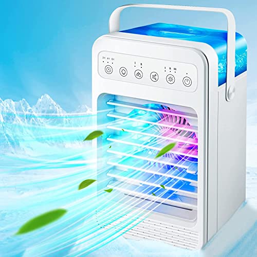 Portable Air Conditioners, 4-IN-1 Evaporative Personal Air Cooler Humidifier with 3 Speeds 7 Colors Light, 600ML Mini Personal Air Conditioner Fan, USB Quiet Air Cooler for Room Office Desk