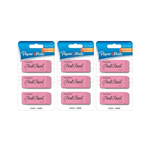 Paper Mate - 70501 Pink Pearl Premium Erasers,Large,Pack of 9, Beveled, Soft