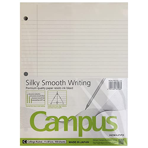 Kokuyo Campus Loose Leaf Paper for 3 Ring Binders, 11 x 8-1/4, College Ruled, 100 Sheets, Premium quality paper resists ink bleed, Made in Japan (WSG-NO-887G1)