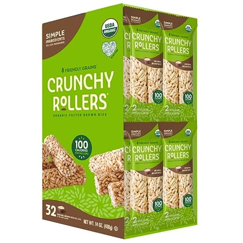 Friendly Grains - Crunchy Rollers - Organic Rice Snacks, Crispy Puffed Rice Rolls, Healthy Snack Rolls for Adults and Kids - Original Brown Rice (16 packs of 2)