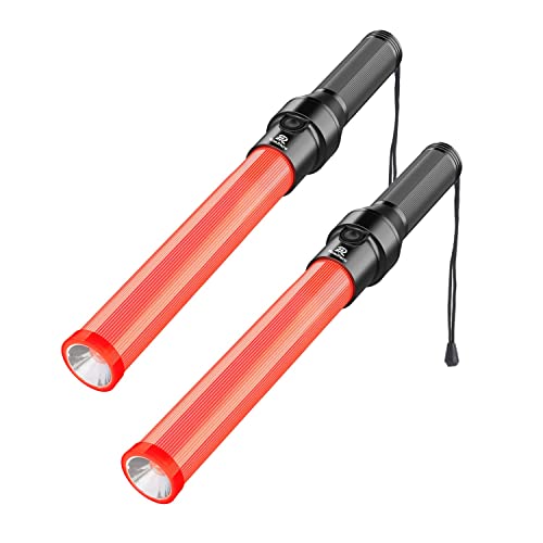 RoadHero 2 Pack Traffic Wands, 16inch Led Traffic Control Baton, Night Safety Light Wand with 3 Flashing Modes, Air Marshaling Signal Wand Plus White LED on Tip for Airport, Parking, Car Directing