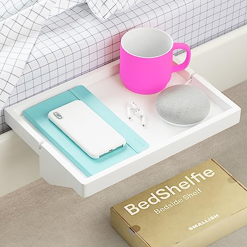 BedShelfie Bedside Shelf for Bunk Bed & Top Bunk, College Dorm Room Essentials, Loft Bed Accessories, Clip On Nightstand Organizer,Floating Bed Side Table Tray Shelfie Storage - Original White Wood