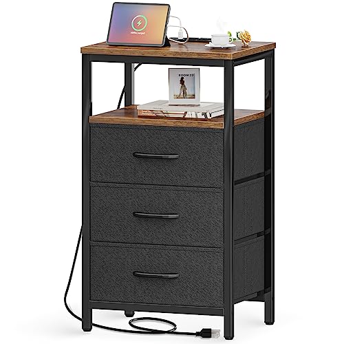 Huuger Nightstand with Charging Station, 27.6 Inch Side Table with Fabric Drawers, End Table Bedside Table with USB Ports and Outlets, Night Stand for Bedroom, Living Room, Rustic Brown