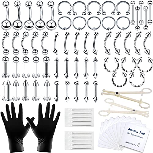 A-minusone 84PCS Body Septum Piercing Kit 14G 16G Tools for Nose Tongue Lip Ear Eyebrow Belly Button Cartilage Tragus Industrial Barbell Helix Daith Piercing Jewelry Clamps