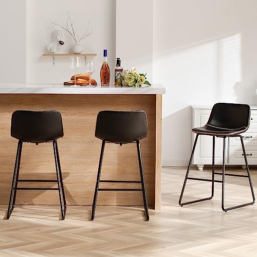 HeuGah Bar Stools Set of 3, 26 Inch Counter Height Barstools with Back Black Modern Faux Leather Bar Height Stools for Kitchen Island Counter Chairs with Metal Legs (3 Pcs Black, 26 Inch)