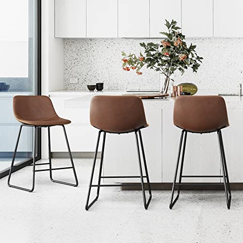 Alexander Indoor/Outdoor Industrial Faux Leather Bar Stools Set of 3,Urban Armless Dining Chairs With Metal Legs Modern Counter Height Barstools For High Desk Home Office Restaurants,24",Brown