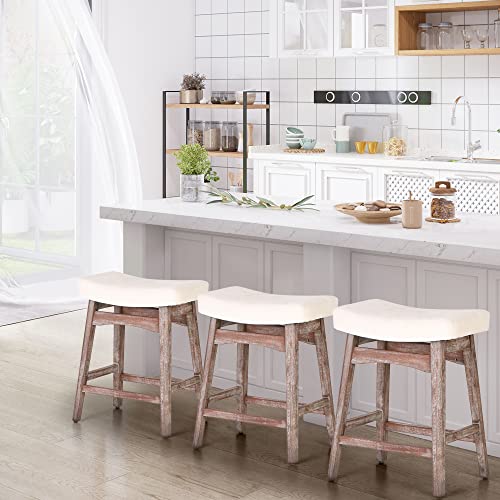 Sophia & William Counter Height Bar Stools Set of 3 Saddle Stools with Sturdy Wooden Legs, 24" Vintage Lacquered Feet Linen Seat Dining Bar Stools,Counter Island Upholstered Stools,Creamy-White