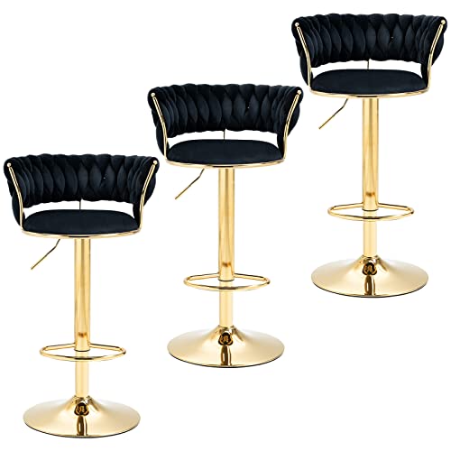 Modern Velvet Bar Stools Set of 3- 360 Swivel Adjustable Barstools Bar Height Counter Height Kitchen Stools for Island Sillas Para Barra De Cocina Upholstered Bar Chairs with Back Black and Gold