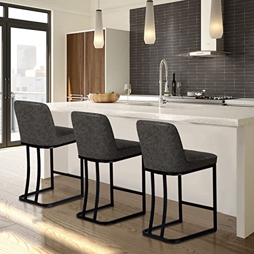 MAISON ARTS Counter Height 24" Bar Stools Set of 3 with Back for Kitchen Counter Modern Upholstered Barstools Faux Leather Farmhouse Bar Chairs Island Stools Support 330LBS, 24 Inch, Grey+Black Frame