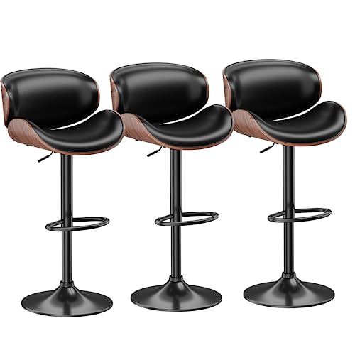 Aowos Bar Stools Set of 3, Adjustable Swivel Barstools Mid-Century Modern PU Leather Upholstered Counter Height Bar Stool, Kitchen Island Barstoosl with Back Black