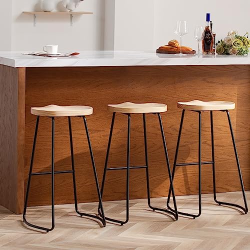 HeuGah 30 Inch Bar Stools Set of 3, Wooden Stool Counter Height Saddle Seat Bar Stools Backless Barstool for Kitchen Island Counter High Stools with Metal Leg (Burlywood, 3 PCS 30Inch Barstool)