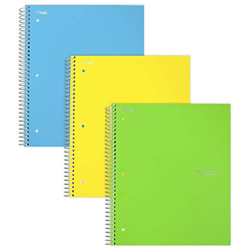 Five Star Spiral Notebooks, 1 Subject, Graph Ruled Paper, 100 Sheets, 11" x 8-1/2", Teal, Yellow, Lime, 3 Pack (38629)