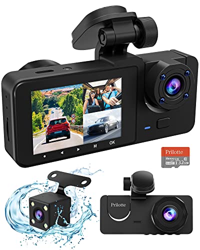 3 Channel Dash Cam Front and Rear Inside,1080P Full HD 170 Deg Wide Angle Dashboard Camera with 32GB SD Card,2.0 inch IPS Screen,Built in IR Night Vision,Parking Mode,G-Sensor,Loop Recording