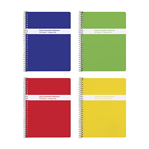 Oxford Spiral Composition Notebooks, 4 Pack, Poly Covers, College Ruled Paper, 9-3/4 x 7-1/2 Inches, 80 Sheets, Assorted Primary Color Covers (64949)