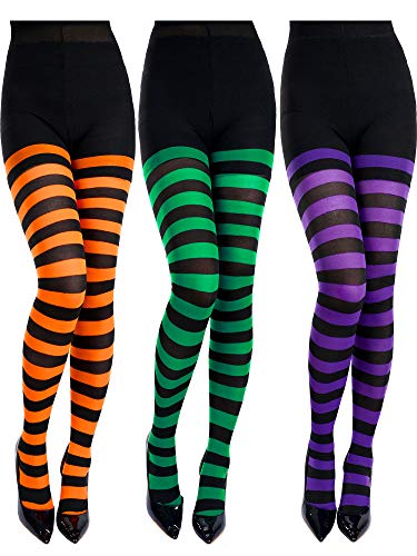 Blulu 3 Pairs Halloween Striped Tights Striped Long Stocking Striped Leggings for Halloween Costume Supplies (Color Set 2)