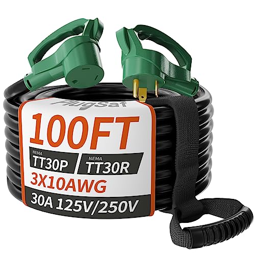 100 FT 30 Amp RV Extension Cord Outdoor with Grip Handle, Flexible Heavy Duty 10/3 Gauge STW RV Power Cord Waterproof with Cord Organizer, NEMA TT-30P to TT-30R, Black-Green, ETL Listed PlugSaf