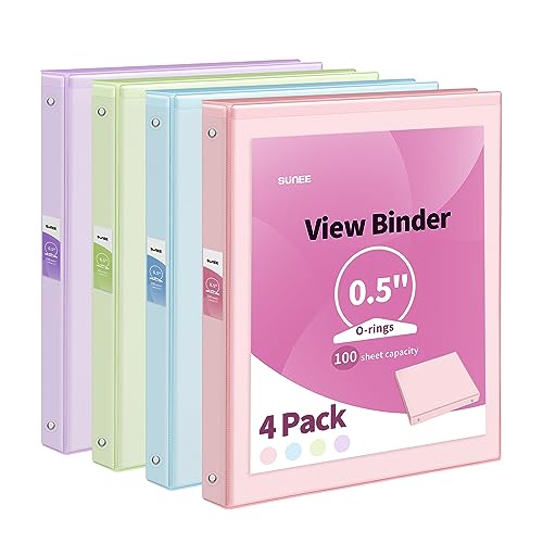SUNEE 3 Ring Binder 1/2 Inch 4 Pack, Clear View Binder Three Ring PVC-Free (Fit 8.5x11 Inches) for School Binder or Office Binder Supplies, Assorted Pastel Binder