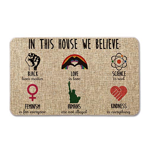 Artoid Mode in This House We Believe Decorative Doormat, Seasonal LGBT Science Feminism Humans Kindness Low-Profile Floor Mat Switch Mat for Indoor Outdoor 17 x 29 Inch