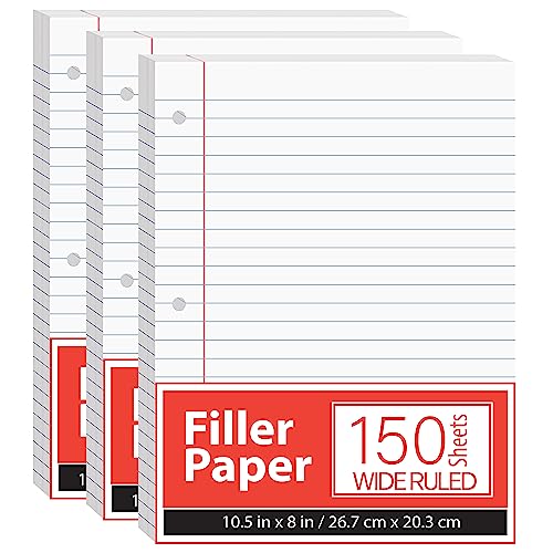 Notebook Paper, Loose Leaf Paper, Wide Ruled Notebook Paper, 10.5 x 8 Filler Paper, 56 gsm, 450 Sheets,150 Per Pack (3 Pack)