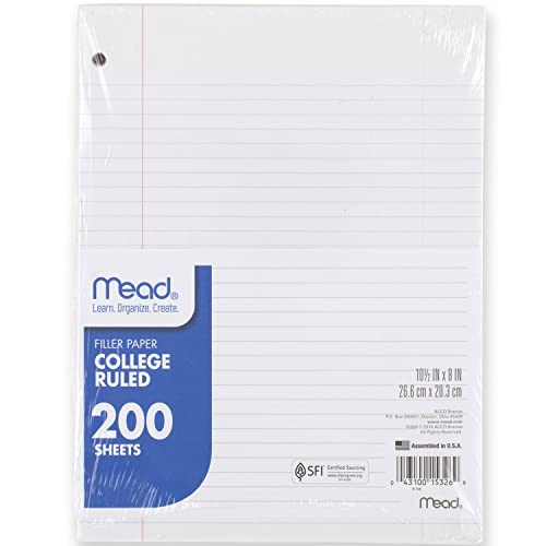 Mead Loose Leaf Paper, Notebook Paper, College Ruled Filler Paper, Standard, 8 x 10.5, 200 Sheets (15326), White