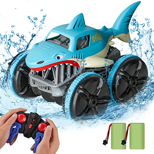 Remote Control Car, Amphibious Shark Toy Stunt Car All Terrain RC Truck, 360 Rotation LED Radio Controlled Crawler with Wagging Tail, 2.4GHz for Boys Girls 3-12 Years Christmas Birthday Gift