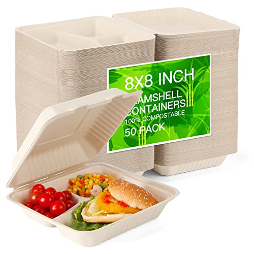 Sunlive 8X8'' 3-Compartment 50 Pack Disposable Clamshell Take Out Food Containers, 100% Home Compostable to go Containers, Heavy-Duty to go Boxes, Eco-Friendly Biodegradable, Made of Sugarcane Fibers