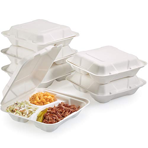 Vallo 100% Compostable Clamshell To Go Boxes For Food [8X8 3-Compartment 50-Pack] Disposable Take Out Containers, Made of Biodegradable Sugar Cane, Eco-Friendly Bagasse, Heavy-Duty ToGo Containers