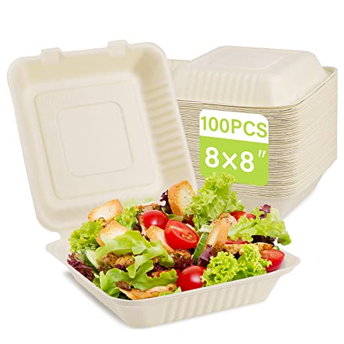 greensight Clamshell Take Out Food Containers 8X8, 100 Pack Compostable To Go Containers, Disposable To Go Food Boxes, Eco-Friendly Made From Sugarcane Fibers