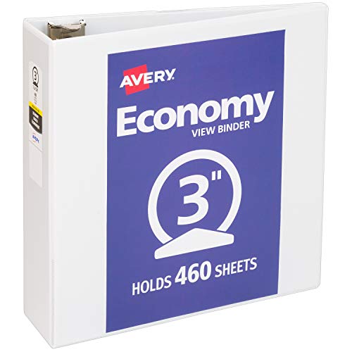 Avery 3" Economy View 3 Ring Binder, Round Ring, Holds 8.5" x 11" Paper, 1 White Binder (5741)