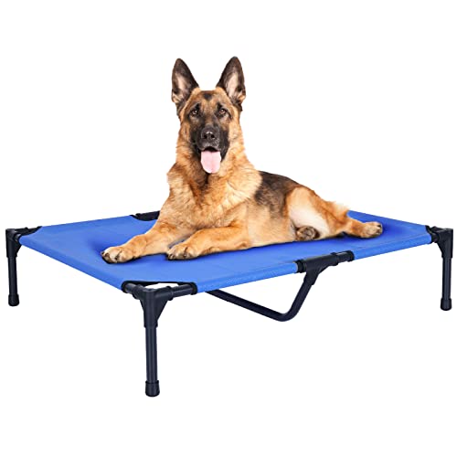 FIOCCO Dog Cot - Cooling Elevated Dog Bed, Washable Raised Dog Bed with Chew Proof Mesh and Metal Frame, Portable Dog Bed for Outdoor Use, Dog Cots Beds for Large DogsBlue