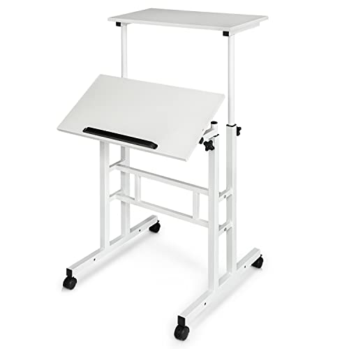 MoNiBloom Mobile Stand Up Desk Height Adjustable Computer Standing Rolling Laptop Cart Table with 2 Platforms for Home Office Classroom with Wheels, White