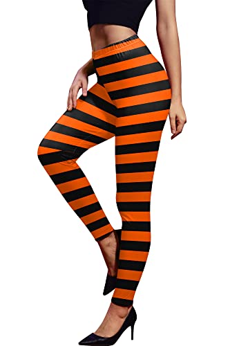 Halloween Women Graphic Printed Party Leggings Orange Striped Skinny Scary Tight Pants S