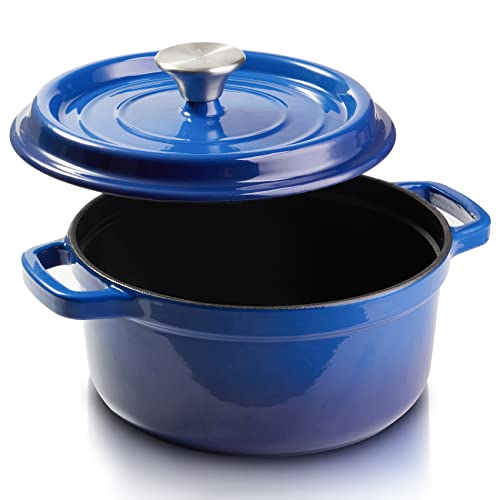 ZQBTC Enamel Cast Iron Covered Dutch Oven Pot with Lid for Bread Baking Use on Gas Electric Oven 4 Quart(Blue, 4-5 People)